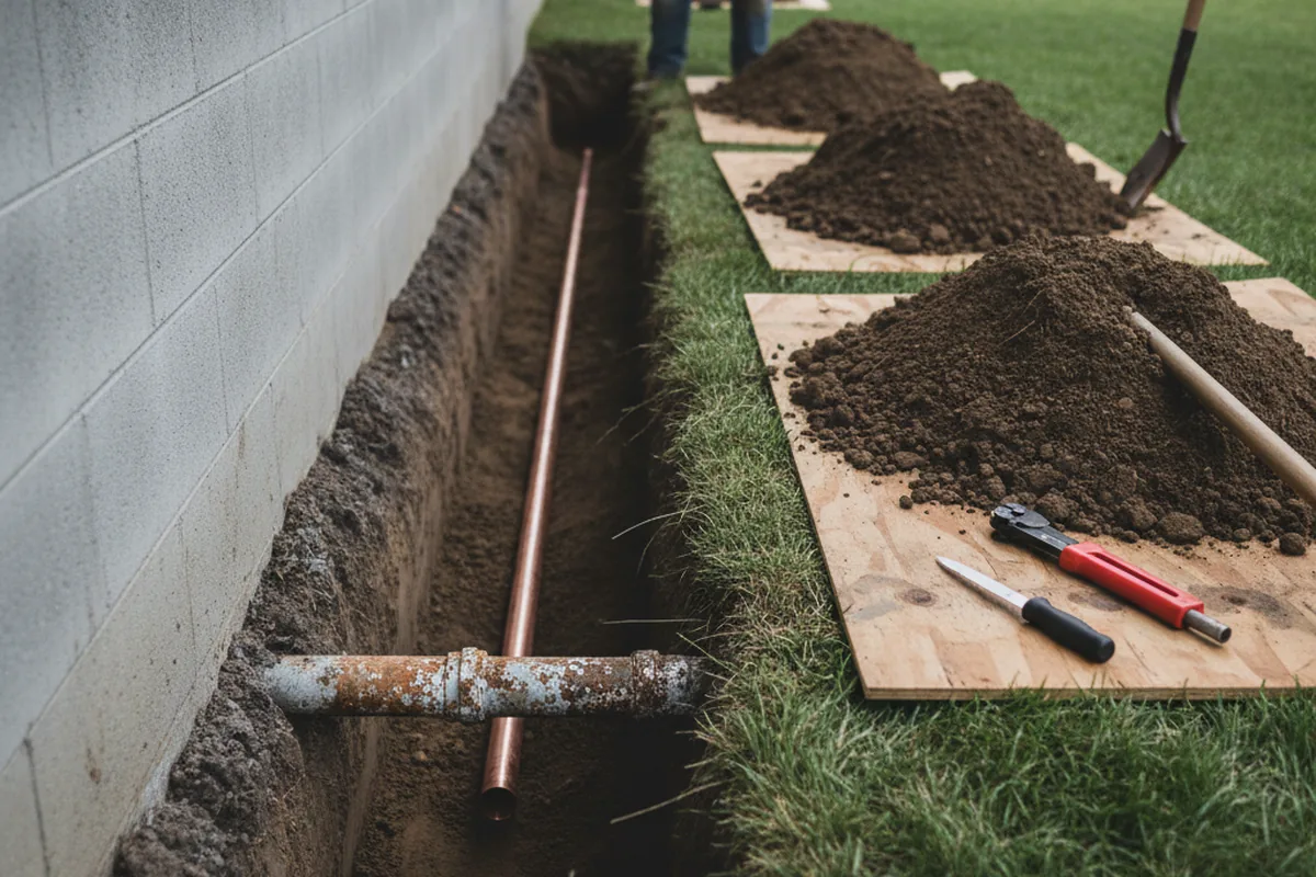 Excavated water line trench during Sewer Line Repair in Maineville